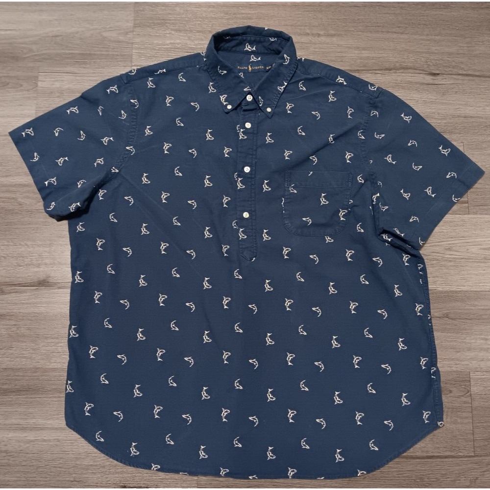 Ralph Lauren Men's Navy‎ Blue Shark Print Short Sleeve Pocket Tunic Size XXL
